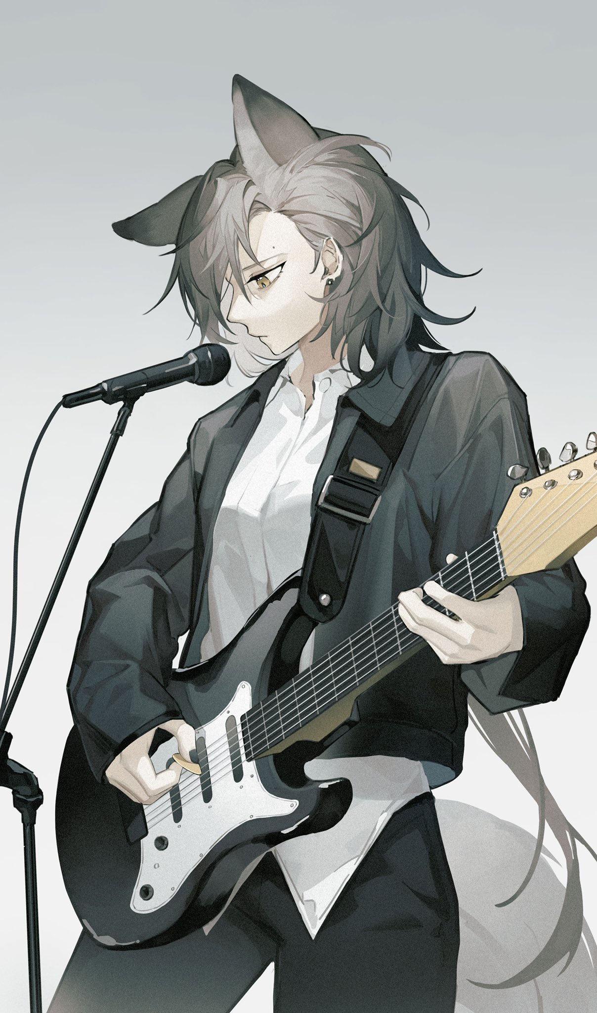 1girl akechi_(826988799) alternate_costume animal_ears arknights black_jacket black_pants commentary_request cowboy_shot electric_guitar grey_background grey_eyes grey_hair guitar highres holding holding_instrument instrument jacket long_hair long_sleeves microphone microphone_stand music pants penance_(arknights) playing_instrument plectrum shirt simple_background solo standing very_long_hair white_shirt wolf_ears