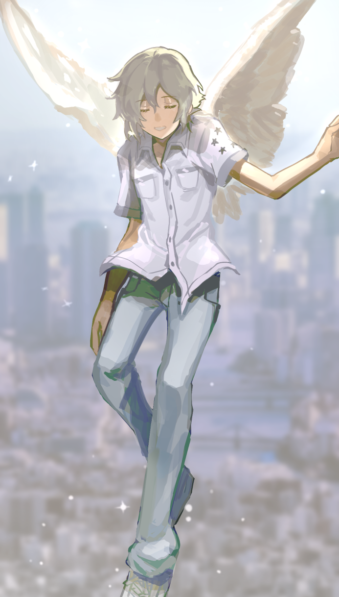 1boy angel_wings blurry blurry_background cityscape collared_shirt denim flying full_body grey_hair highres jeans keiseki1 kiryuu_yoshiya light_particles male_focus pants shin_subarashiki_kono_sekai shiny_skin shirt short_hair sketch smile solo sparkle subarashiki_kono_sekai wings