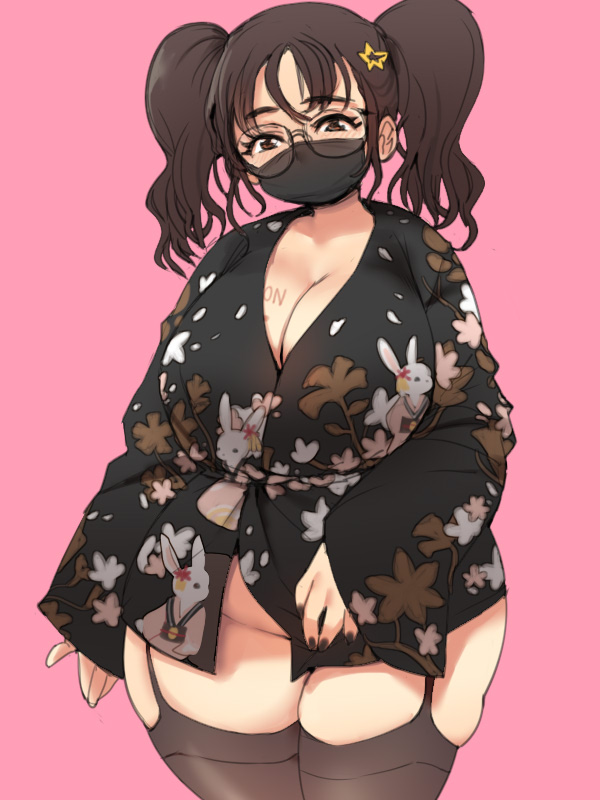 1girl animal_print black_kimono black_nails blush body_writing breasts brown_eyes brown_hair cleavage commentary covered_mouth cowboy_shot english_commentary fingernails garter_straps glasses grey_thighhighs grunt_frostwolf hair_ornament japanese_clothes kimono large_breasts long_hair looking_at_viewer mask mouth_mask nail_polish no_panties original pink_background plump print_kimono rabbit_print skindentation solo standing star_(symbol) star_hair_ornament thick_thighs thighhighs thighs twintails