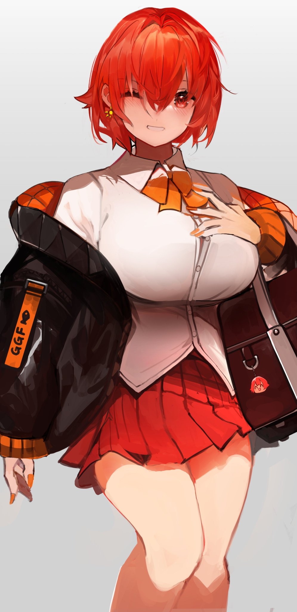 1girl black_jacket blush bow bowtie breasts button_gap collared_shirt dangle_earrings earrings hair_between_eyes highres hood hooded_jacket huge_breasts jacket jewelry looking_at_viewer nail_polish one_eye_closed open_clothes open_jacket orange_bow orange_bowtie original pleated_skirt red_eyes red_hair red_skirt school_uniform shirt short_hair skirt smile solo standing tarbo_(exxxpiation) thighs white_background white_shirt