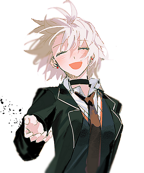 1girl black_choker black_jacket blush choker closed_eyes earrings fate/grand_order fate_(series) floating_hair grey_hair jacket jeanne_d'arc_alter_(fate) jewelry long_sleeves necktie official_alternate_costume open_mouth reaching reaching_towards_viewer red_necktie school_uniform short_hair simple_background smile solo ss_un17 uniform white_background