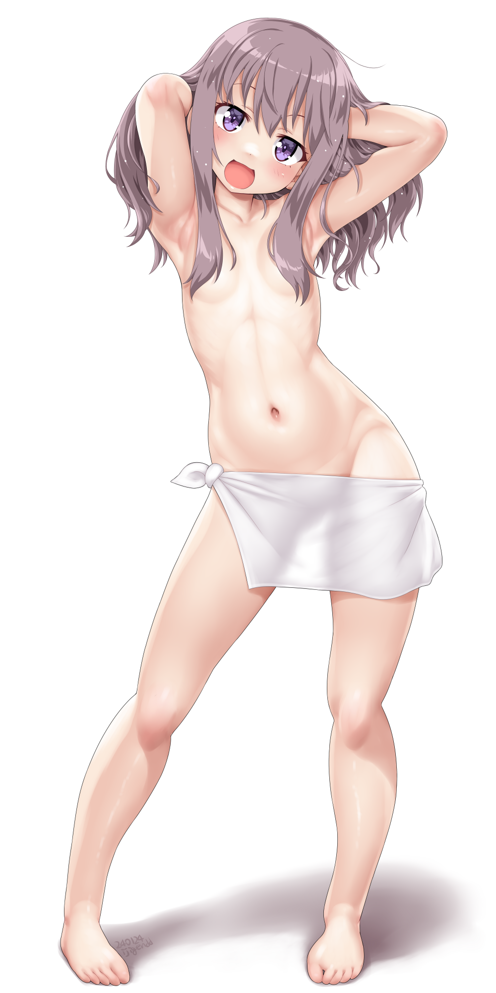 1girl :d armpits barefoot blush breasts contrapposto dd_(ijigendd) full_body hair_lift hair_over_breasts highres long_hair looking_at_viewer naked_towel navel open_mouth original purple_eyes purple_hair see-through_silhouette simple_background small_breasts smile solo standing towel white_background wide_hips