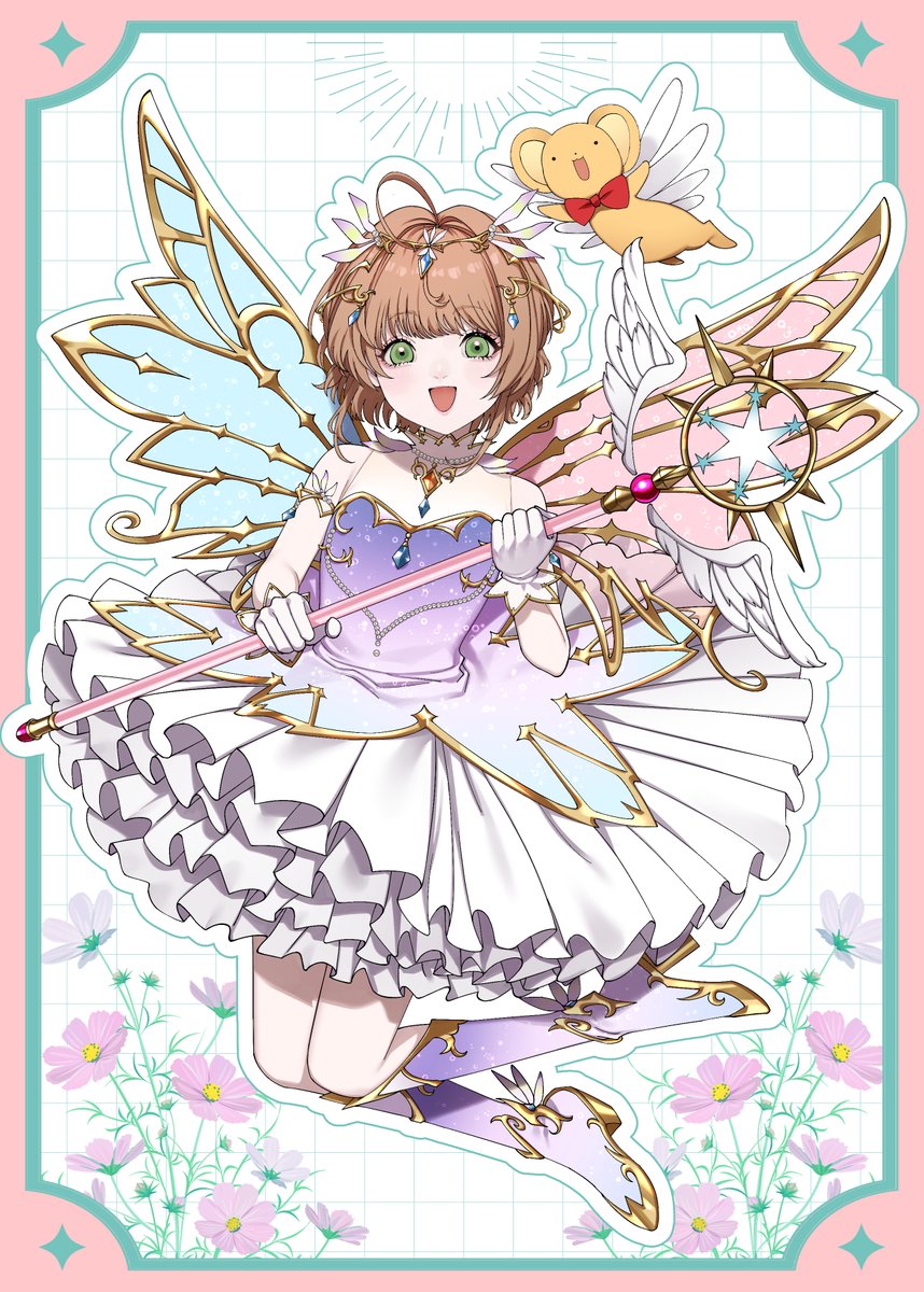 1girl :d aegyo_sal ahoge boots brown_hair cardcaptor_sakura dress flower gloves gradient_dress green_eyes hair_ornament hands_up high_heel_boots high_heels highres holding holding_staff inset_border kero_(cardcaptor_sakura) kinomoto_sakura layered_skirt legs_up looking_at_viewer maou_(demonlord) mismatched_wings pink_footwear skirt sleeveless sleeveless_dress smile solo staff white_gloves white_skirt wings