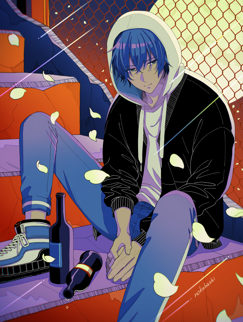 1boy arms_between_legs black_jacket blue_eyes blue_hair blue_pants bottle commentary_request falling_petals gradient_background hair_between_eyes highres hood hood_up hoodie jacket kaito_(vocaloid) male_focus nokuhashi open_clothes open_jacket outdoors pale_skin pants petals shoes short_hair signature sitting sneakers solo stairs vocaloid white_hoodie white_petals