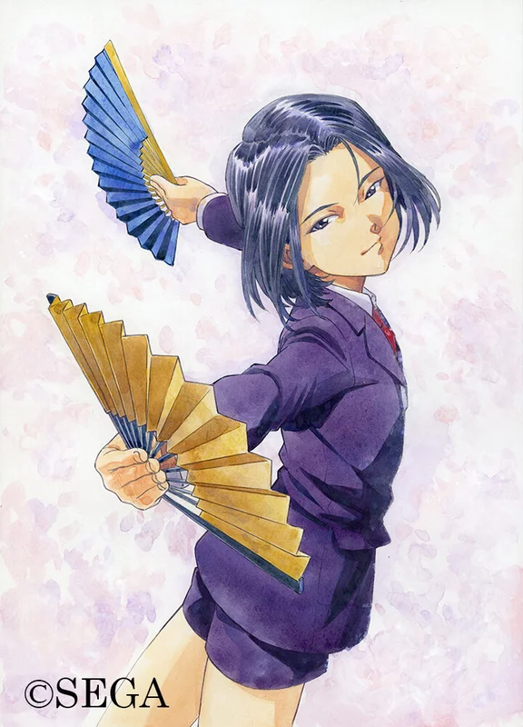 1other ambiguous_gender black_hair closed_mouth collar collared_shirt cowboy_shot english_text fingernails folding_fan hand_fan holding holding_fan kujou_subaru long_sleeves looking_at_viewer matsubara_hidenori necktie nose official_art open_eyes parted_lips purple_shorts purple_suit red_necktie sakura_taisen sakura_taisen_v sega shirt short_hair short_shorts shorts simple_background smile solo solo_focus straight_hair suit traditional_media white_collar