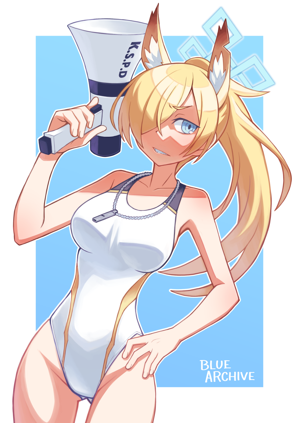 1girl alternate_costume alternate_hairstyle animal_ear_fluff animal_ears aqua_eyes blonde_hair blue_archive collarbone commentary_request competition_school_swimsuit copyright_name dog_ears dog_girl extra_ears groin hair_over_one_eye halo hand_on_own_hip hibun_tsukasa highres holding holding_megaphone kanna_(blue_archive) long_hair looking_at_viewer megaphone parted_bangs ponytail school_swimsuit sharp_teeth sidelocks simple_background solo swimsuit teeth two-tone_background whistle whistle_around_neck