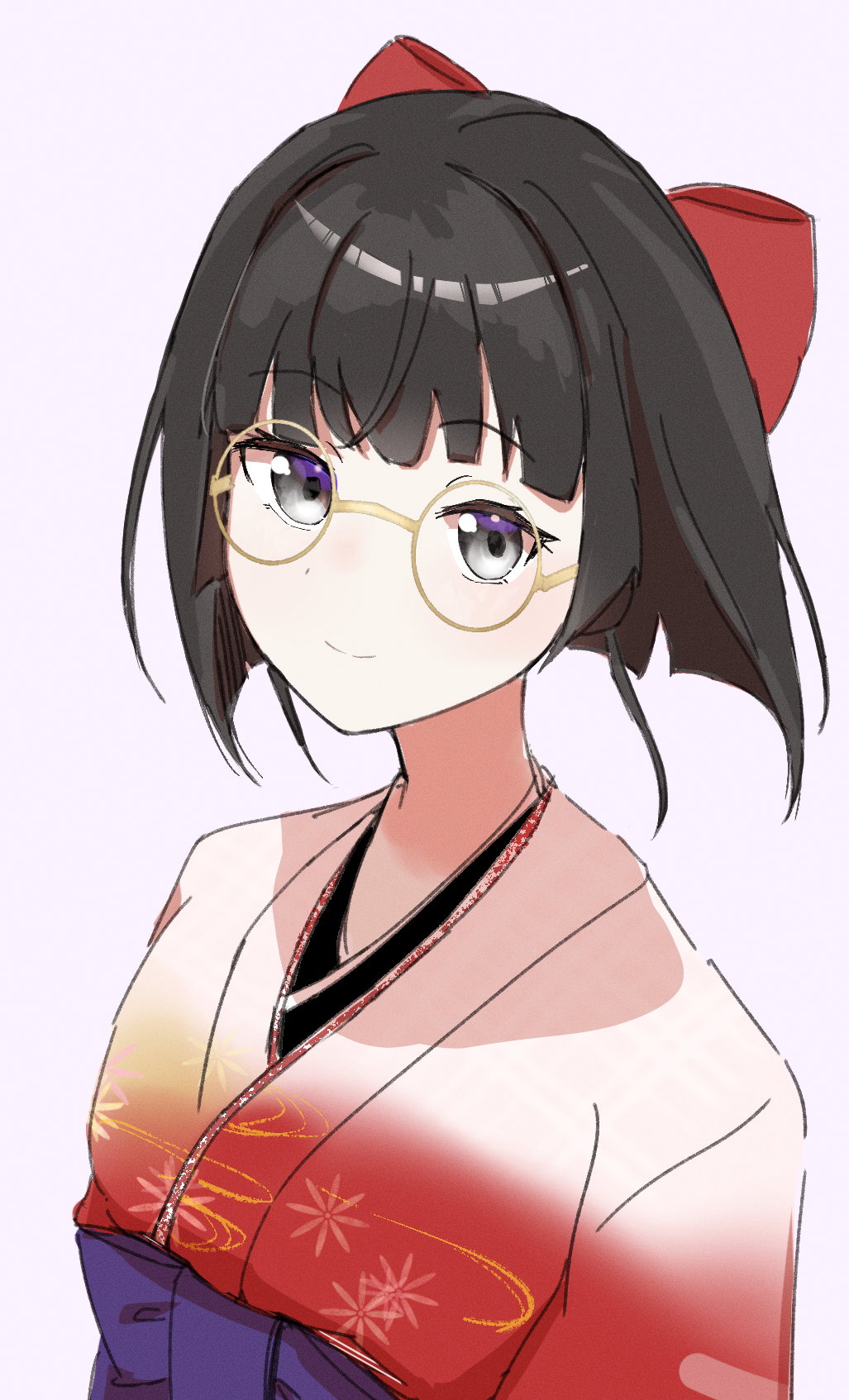 1girl arms_at_sides black_hair bow closed_mouth glasses gradient_kimono grey_eyes hair_bow highres iru_pop japanese_clothes kimono long_sleeves looking_at_viewer nijisanji obi red_bow red_kimono round_eyewear sash short_hair sidelocks simple_background smile solo tsukino_mito upper_body virtual_youtuber white_background white_kimono yellow-framed_eyewear