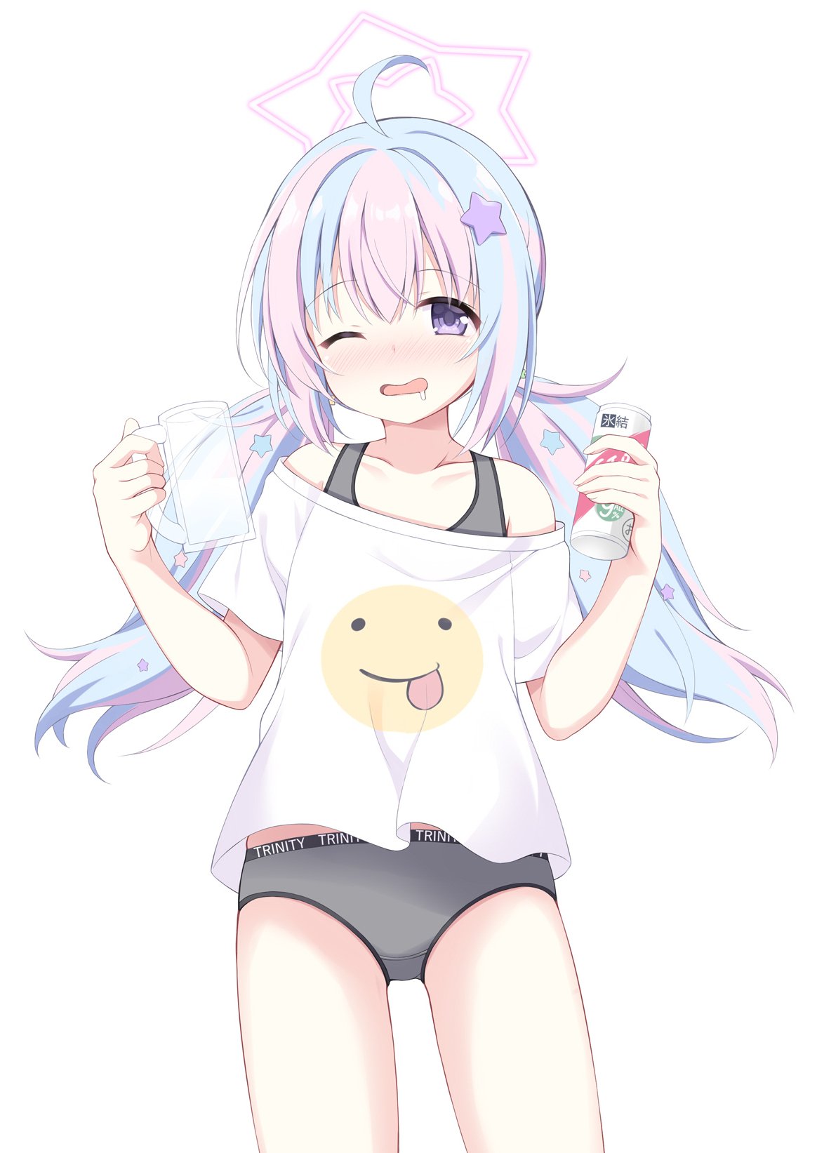 1girl ahoge blue_archive blue_hair blush bra can collarbone commentary_request cup drunk grey_bra grey_panties hair_ornament halo highres holding holding_can holding_cup long_hair looking_at_viewer low_twintails mug multicolored_hair no_pants nose_blush off_shoulder one_eye_closed open_mouth panties pink_hair print_shirt purple_eyes reisa_(blue_archive) sakuraba_hikaru_(loveindog) shirt short_sleeves simple_background smiley_face solo standing star_(symbol) star_hair_ornament twintails two-tone_hair underwear very_long_hair white_background white_shirt