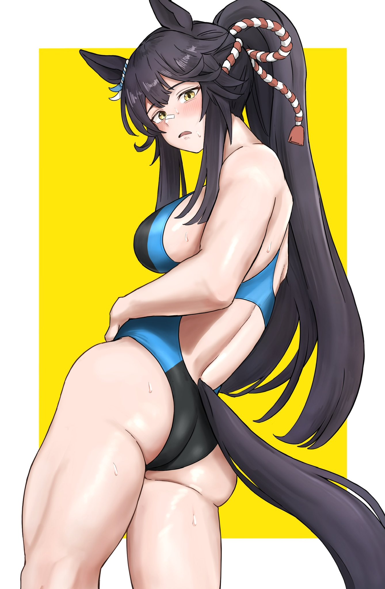 1girl alternate_costume animal_ears ass bandaid bandaid_on_face bandaid_on_nose bare_shoulders black_hair blue_one-piece_swimsuit blush border breasts commentary_request cowboy_shot ear_ornament from_behind frown full_body hair_between_eyes highres horse_ears horse_girl horse_tail large_breasts long_hair looking_at_viewer looking_back median_furrow miya_nns35 nape narita_brian_(umamusume) one-piece_swimsuit outside_border parted_lips ponytail rope shimenawa simple_background solo sweat swimsuit tail umamusume very_long_hair white_border yellow_background yellow_eyes