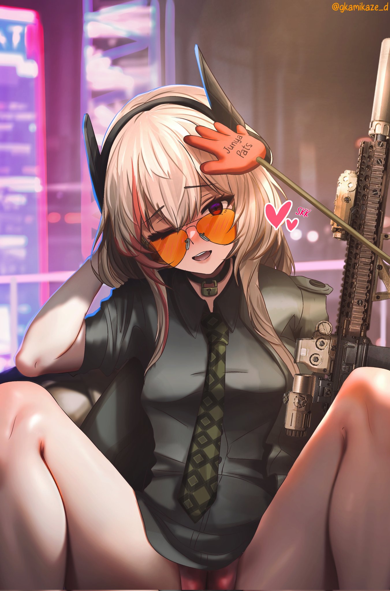 1girl assault_rifle aviator_sunglasses blonde_hair breasts cameltoe collared_shirt corrupted_twitter_file dgkamikaze diagonal-striped_clothes diagonal-striped_necktie english_text girls'_frontline gun highres holding holding_gun holding_weapon long_hair looking_at_viewer m4_sopmod_ii_(girls'_frontline) multicolored_hair multicolored_necktie necktie one_eye_closed open_mouth panties red_eyes red_hair red_panties rifle shirt smile solo spread_legs streaked_hair striped_clothes striped_necktie sunglasses twitter_username underwear weapon
