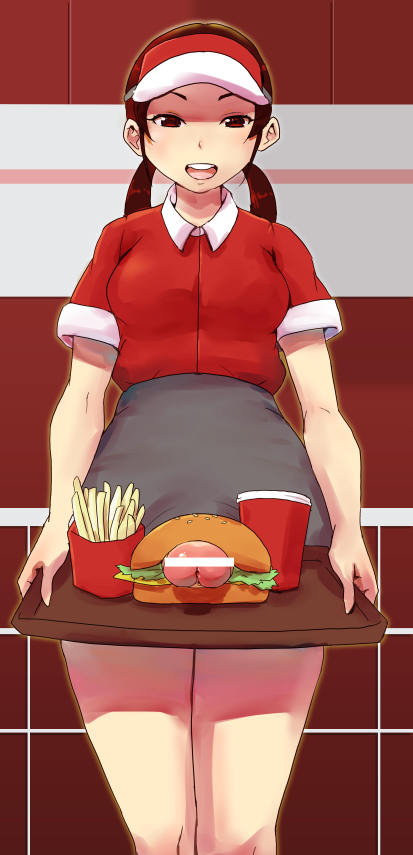 1girl bar_censor borusen breasts brown_eyes brown_hair burger censored commentary_request cowboy_shot cup disposable_cup employee_uniform food french_fries futanari grey_skirt high-waist_skirt holding holding_tray low_twintails medium_breasts miniskirt open_mouth original penis penis_out skirt smile solo tray twintails uniform visor_cap