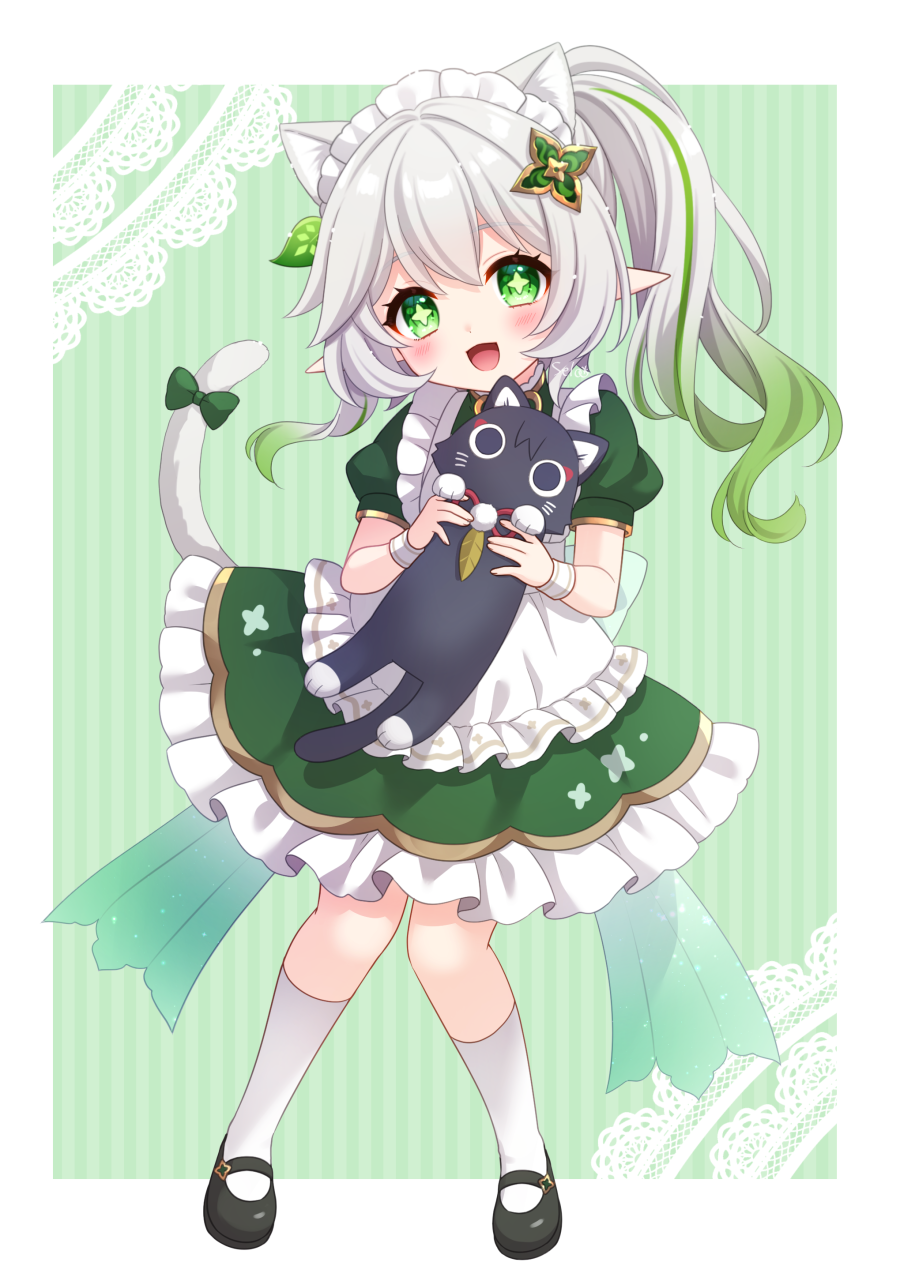 1girl 1other :d alternate_costume animal animal_ears animalization apron black_cat black_footwear cat cat_ears cat_girl cat_tail commentary_request enmaided frilled_apron frills full_body genshin_impact gradient_hair green_background green_eyes hair_between_eyes hair_ornament highres holding holding_animal kemonomimi_mode kneehighs knees_together_feet_apart leaf_hair_ornament long_hair looking_at_viewer maid maid_apron maid_headdress mary_janes multicolored_hair nahida_(genshin_impact) pointy_ears scaramouche_(cat)_(genshin_impact) scaramouche_(genshin_impact) shoes short_sleeves side_ponytail sidelocks simple_background smile socks standing stardrop streaked_hair symbol-shaped_pupils tail two-tone_hair white_apron white_hair white_socks white_wristband