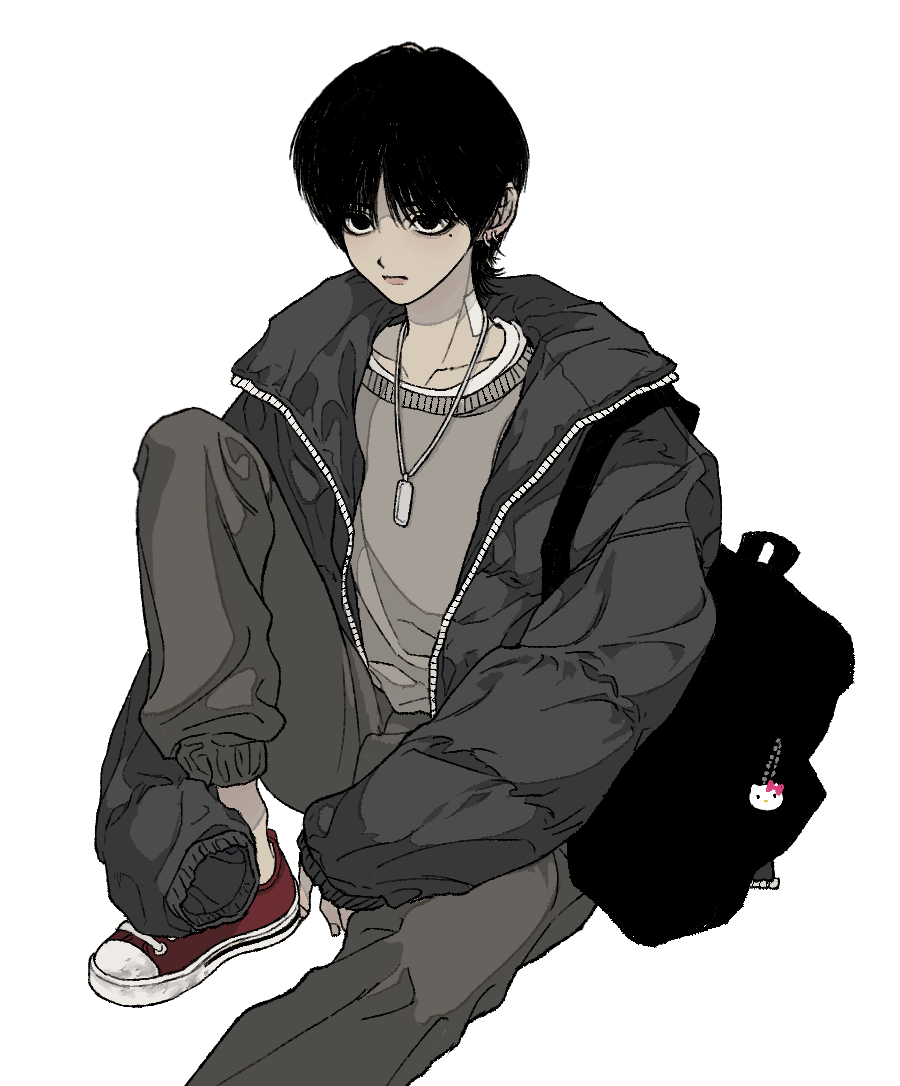 1boy bag_behind_back black_bag black_eyes black_hair black_jacket closed_mouth dog_tags ear_piercing empty_eyes expressionless gauze_on_neck grey_pants grey_shirt hand_on_own_foot jacket long_sleeves male_focus mole mole_under_eye muryo on_one_knee original pants parted_bangs piercing red_footwear sanpaku shirt short_hair simple_background sitting sweatpants tsurime upper_body