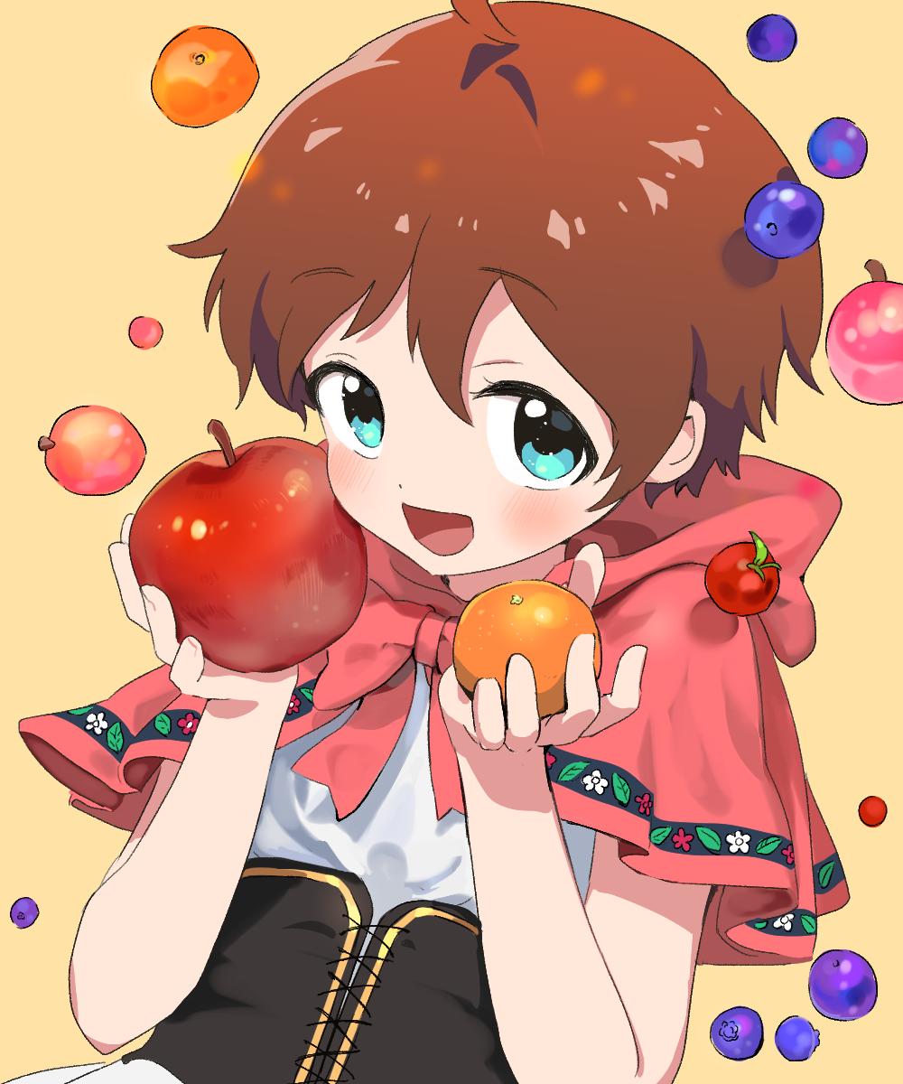 1girl ahoge apple blue_eyes blueberry blush cherry corset eyelashes food fruit hair_between_eyes highres holding holding_food holding_fruit idolmaster idolmaster_million_live! idolmaster_million_live!_theater_days itohari_(mamiiori1) kinoshita_hinata looking_at_viewer mandarin_orange open_mouth parted_bangs red_apple red_hood red_ribbon ribbon shirt short_hair simple_background smile solo upper_body white_shirt yellow_background