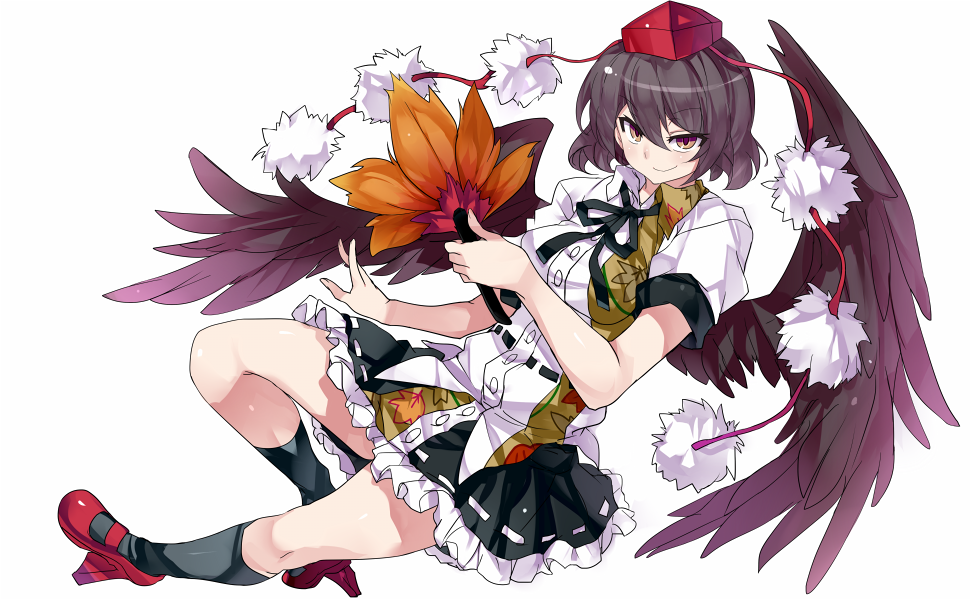 1girl bird_wings black_hair black_skirt black_socks black_wings commentary_request feathered_wings frilled_skirt frills hand_fan hat hauchiwa holding holding_fan kiyoichi_(acacia_soukyoukai) kneehighs leaf_print looking_at_viewer pom_pom_(clothes) red_footwear red_hat ribbon shameimaru_aya short_hair simple_background skirt smile socks solo tabi tokin_hat touhou white_background wings