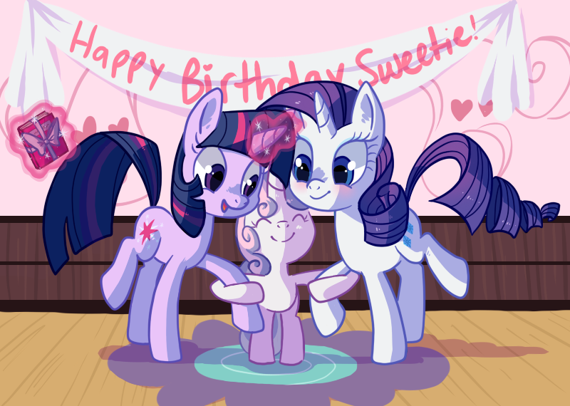 &lt;3 banner birthday blue_eyes blush book bow cub cutie_mark english_text equine female feral friendship_is_magic glowing group hair happy horn magic mammal multi-colored_hair my_little_pony purple_eyes purple_hair rarity_(mlp) reuniclus_(artist) sparkles sweetie_belle_(mlp) text twilight_sparkle_(mlp) two_tone_hair unicorn young