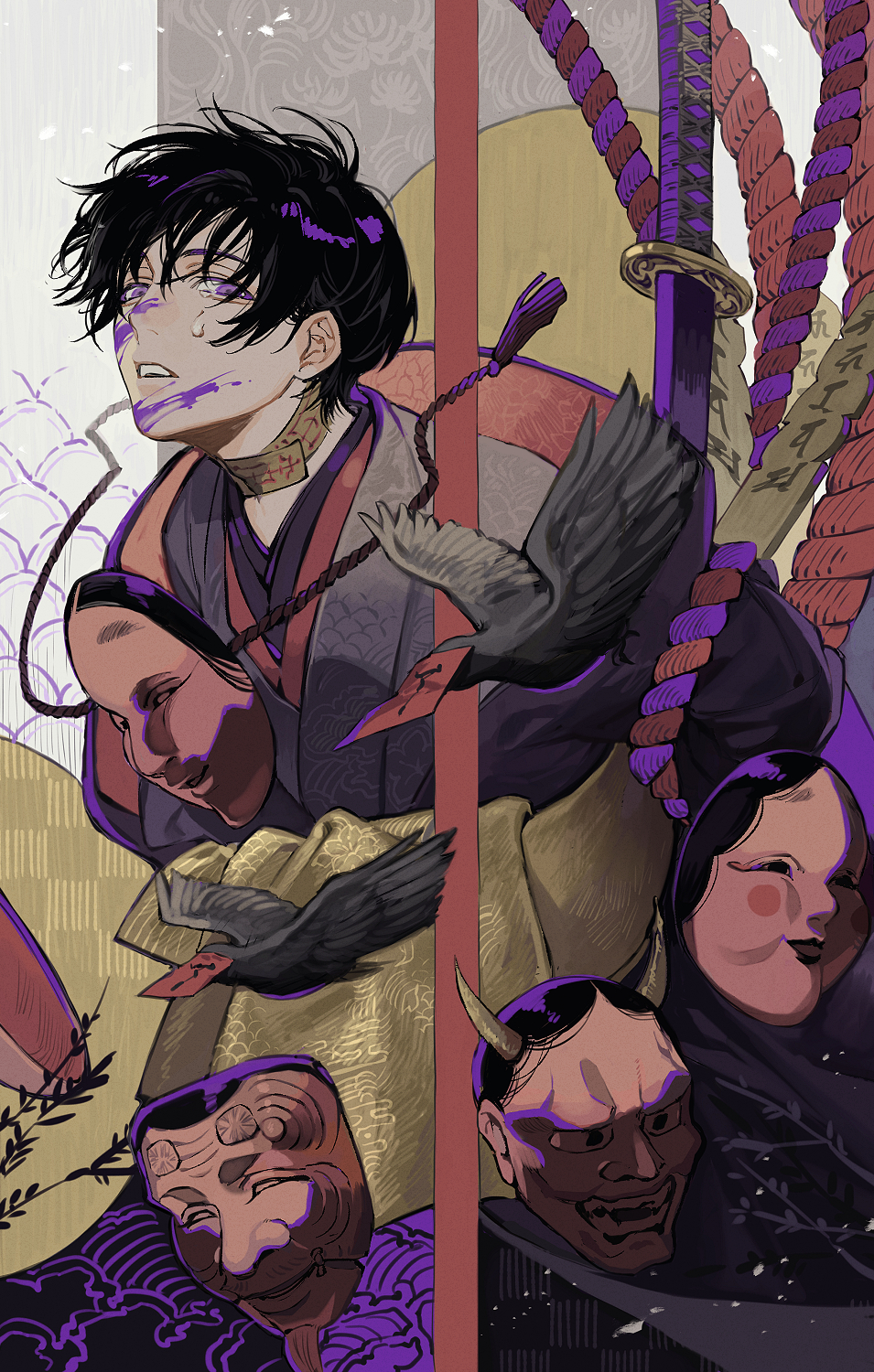 1boy bird black_hair bound character_mask crow facepaint floating_hair grey_kimono highres japanese_clothes katana kimono looking_at_viewer male_focus mask noh_mask original parted_lips purple_eyes rope short_hair solo sword teardrop tears teeth tied_up_(nonsexual) uminonew upper_body upper_teeth_only weapon
