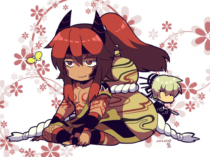 2boys arm_tattoo black_horns black_wristband bug butterfly chest_tattoo chibi chibi_only fang fingernails gourd hair_between_eyes horns jitome kotorai multiple_boys musou_orochi no_nose pectorals red_eyes red_hair scales sharp_fingernails shuten_douji_(musou_orochi) sitting smile taigong_wang tattoo white_hair