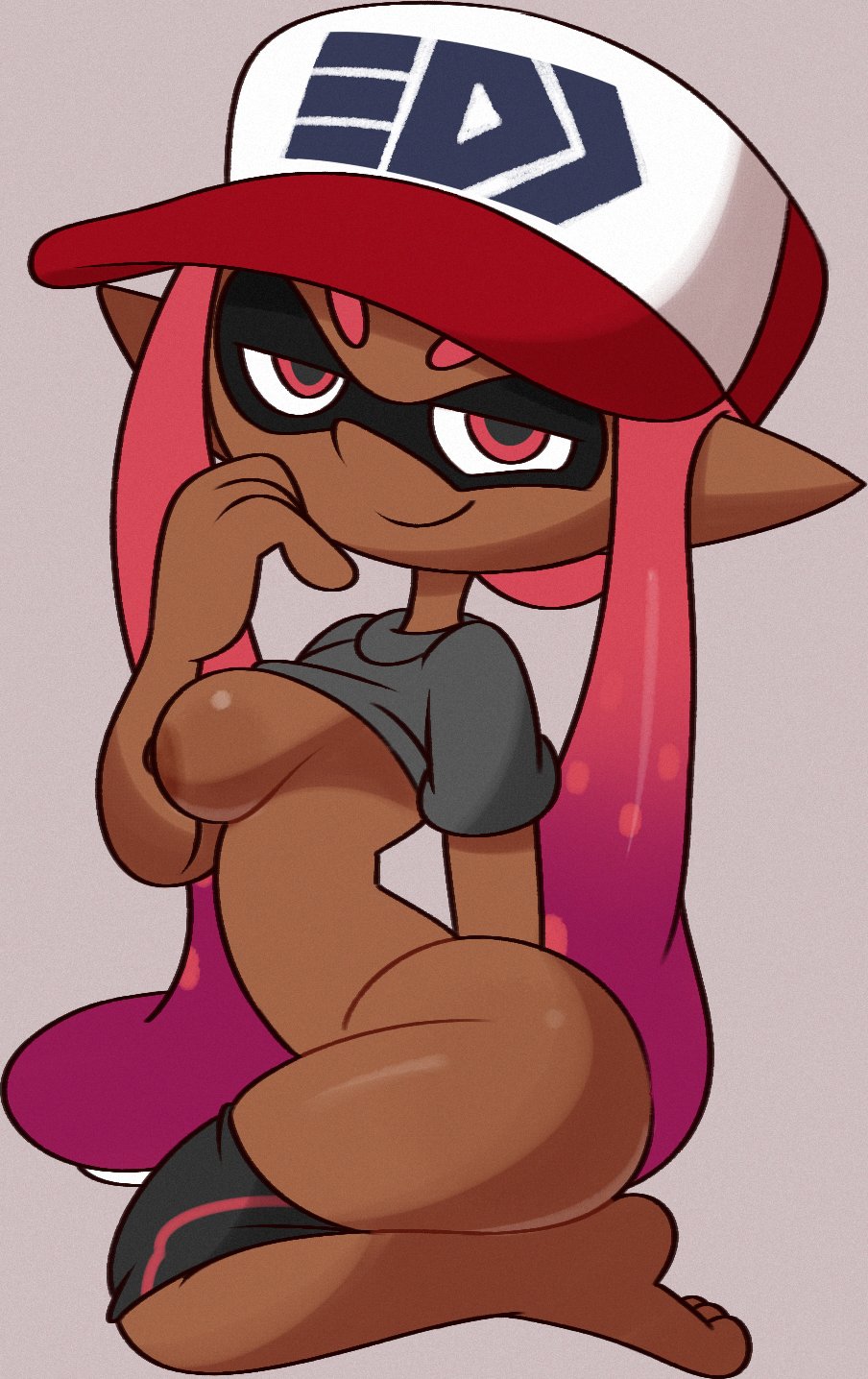 animal_humanoid areola breasts brown_body brown_skin cephalopod cephalopod_humanoid clothing feet female half-closed_eyes hat headgear headwear hi_res humanoid humanoid_pointy_ears inkling inkling_girl looking_at_viewer marine marine_humanoid mollusk mollusk_humanoid narrowed_eyes nintendo nipples simple_background sitting smile solo splatoon toes vilepluff