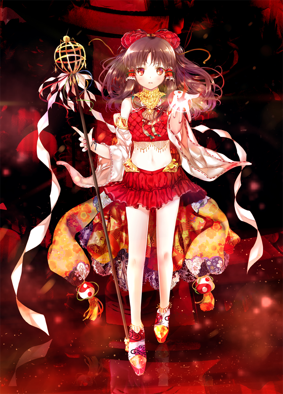 alternate_headwear bare_legs bare_shoulders black_hair bow detached_sleeves embellished_costume gohei hair_bow hair_tubes hakurei_reimu heco_(mama) highres long_hair looking_at_viewer midriff nail_polish navel outstretched_hand red_eyes reflection solo staff standing touhou wide_sleeves