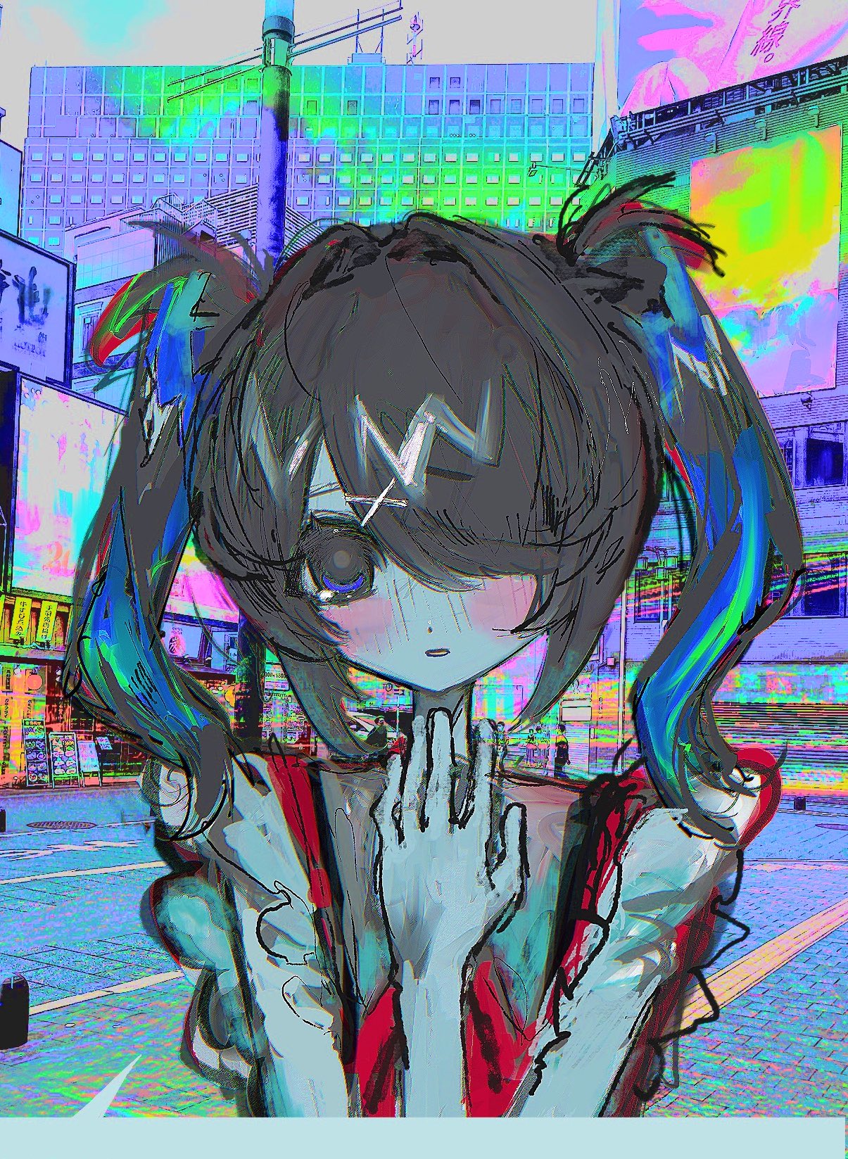 1girl ame-chan_(needy_girl_overdose) black_hair city collared_shirt hair_ornament hair_over_one_eye hand_up highres long_hair looking_at_viewer mushi_buuun needy_girl_overdose open_mouth photo_background purple_eyes red_shirt road shirt solo street twintails upper_body x_hair_ornament