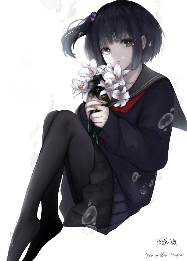 1girl amemori_sayo black_eyes black_flower black_hair black_pantyhose black_sailor_collar black_serafuku black_shirt black_skirt character_name closed_mouth feet floating_hair flower from_side full_body holding holding_flower invisible_chair knees_together_feet_apart long_sleeves looking_at_viewer miniskirt neckerchief nijisanji no_shoes one_side_up pantyhose pleated_skirt red_neckerchief sailor_collar school_uniform serafuku shirt short_hair sidelocks simple_background sitting skirt sleeve_cuffs sleeves_past_wrists smile solo suzukano_pon twitter_username virtual_youtuber white_background white_flower
