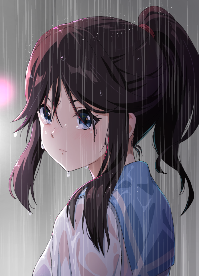 1girl black_hair blue_sailor_collar brown_hair closed_mouth crying crying_with_eyes_open hair_between_eyes hibike!_euphonium kasaki_nozomi kitauji_high_school_uniform rain sailor_collar school_uniform shirt sidelocks solo tears tomamatto upper_body wet wet_clothes wet_hair wet_shirt