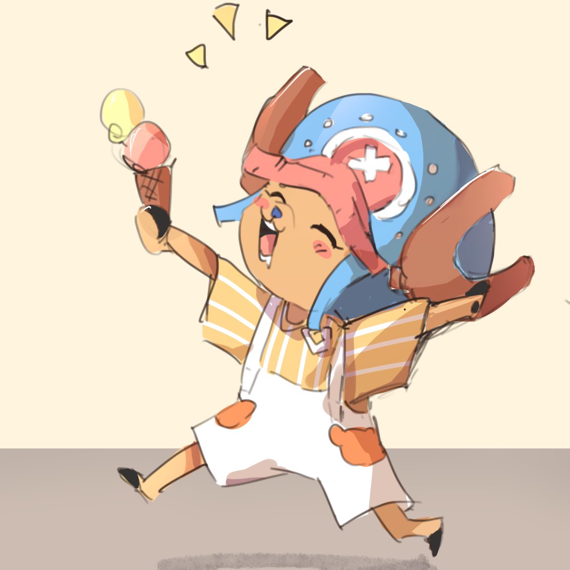 1boy ^_^ antlers blue_hat blush closed_eyes commentary cross duckprotector26 food happy hat holding holding_ice_cream_cone horns ice_cream ice_cream_cone male_focus one_piece open_mouth orange_shirt overalls pink_hat reindeer_antlers shirt striped_clothes striped_shirt tony_tony_chopper walking white_overalls