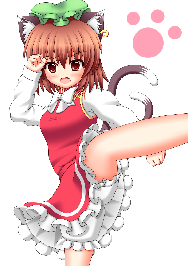 animal_ears bad_id bad_pixiv_id bloomers bow brown_eyes brown_hair cat_ears cat_tail chen clenched_hands fang fighting_stance hat high_collar jewelry kicking leg_up long_sleeves looking_at_viewer mob_cap multiple_tails open_mouth paw_print raised_fist short_hair simple_background single_earring skirt skirt_set solo tail touhou underwear vergece white_background