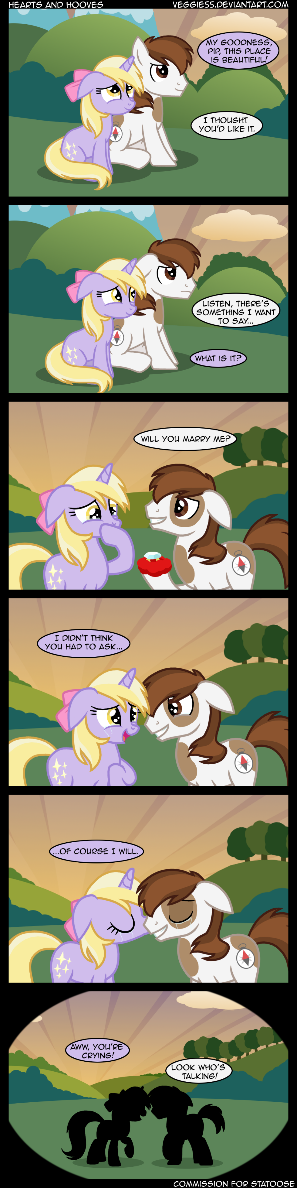 ? amber_eyes blonde_hair bow brown_eyes brown_hair bush cloud comic crying cutie_mark dinky_hooves_(mlp) english_text equine eyes_closed female feral friendship_is_magic grown_up hair horn horse male mammal marriage_proposal my_little_pony outside pipsqueak_(mlp) pony ring straight tears text unicorn veggie55 yellow_eyes