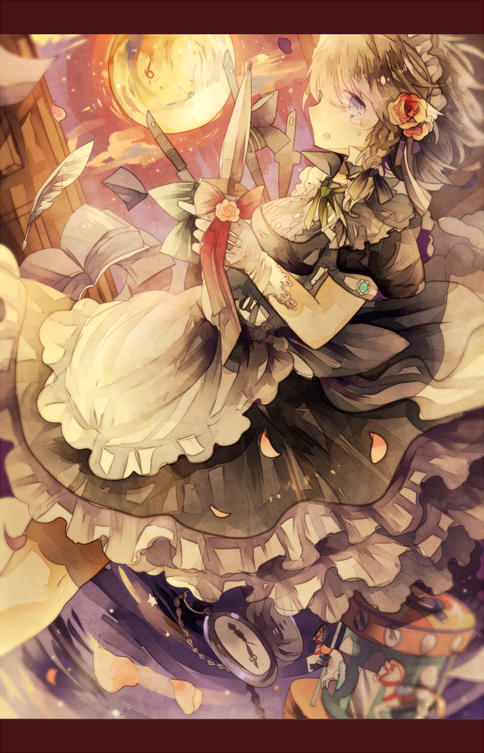 blue_eyes braid cha_goma clock highres izayoi_sakuya knife maid maid_headdress moonlight silver_hair solo touhou