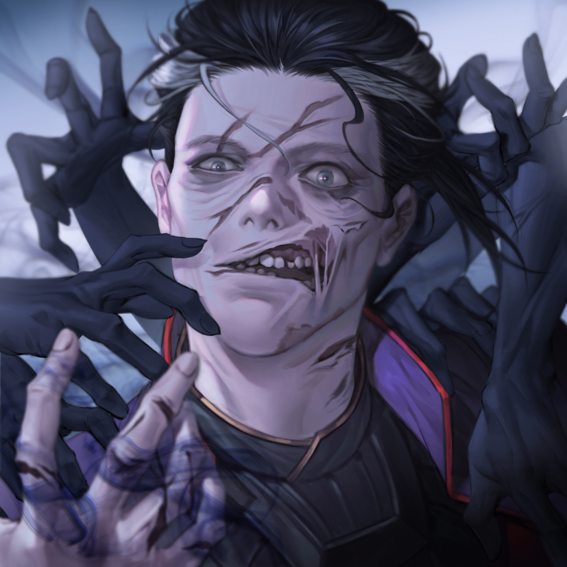 1boy black_hair black_hands black_shirt commentary_request doctor_strange doctor_strange_in_the_multiverse_of_madness fingernails gold_trim grey_eyes grey_hair grey_sky korean_commentary looking_at_viewer magic male_focus marvel marvel_cinematic_universe multicolored_hair multiple_hands open_mouth outdoors poboong123 scar scar_across_eye scar_on_face shirt short_hair sky solo teeth torn_skin two-tone_hair upper_body