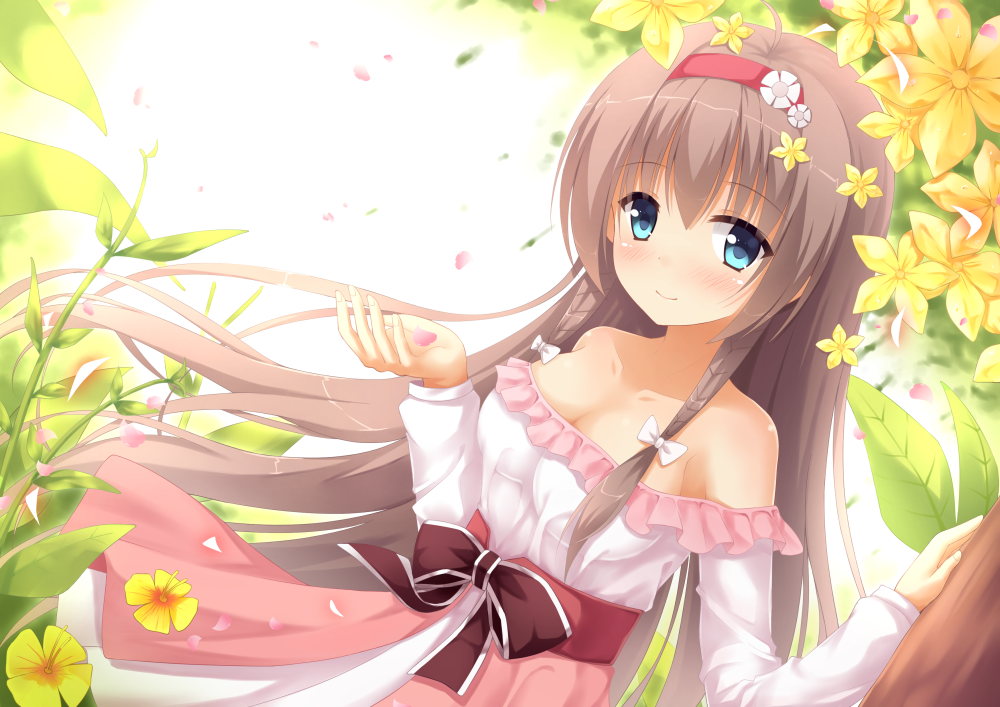 1girl ahoge aqua_eyes bare_shoulders bloom blush bow braid breasts brown_bow brown_hair cleavage clip_studio_paint_(medium) closed_mouth collarbone commentary_request cowboy_shot day dress dutch_angle eyes_visible_through_hair falling_petals floating_clothes floating_hair flower frilled_dress frills hair_between_eyes hair_bow hair_down hair_flower hair_ornament hairband hands_up holding holding_petal large_breasts leaf long_hair long_sleeves looking_at_viewer low_twin_braids no_bra off-shoulder_dress off_shoulder official_alternate_costume official_alternate_hairstyle outdoors petals red_hairband sanoba_witch shiiba_tsumugi simple_background smile solo straight_hair suzuame_yatsumi twin_braids very_long_hair white_bow white_dress white_flower wind yellow_flower