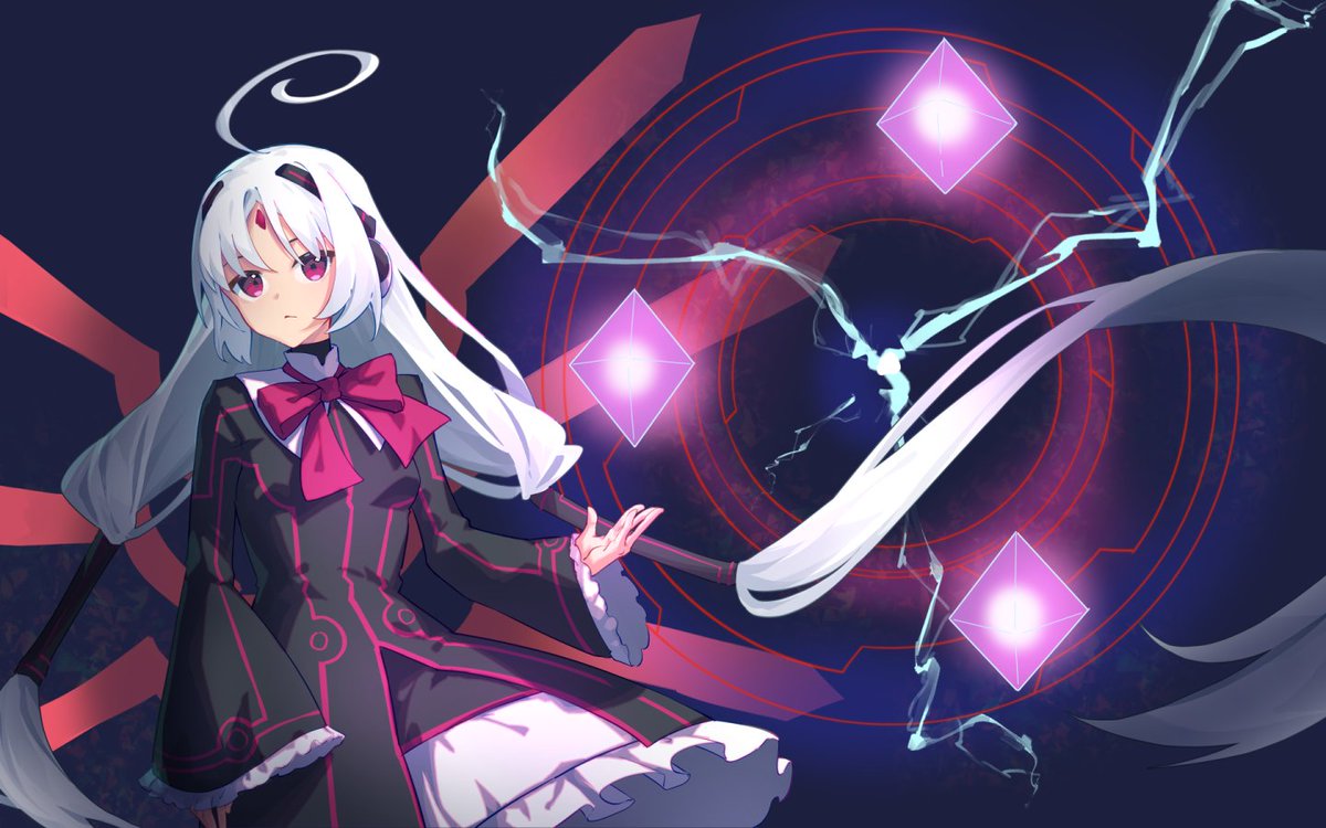 1girl ahoge black_dress blue_background dark_background detached_collar dress electricity forehead_jewel long_hair pink_ribbon ribbon solo under_night_in-birth upper_body vatista very_long_hair white_hair yokura_(yukilina)