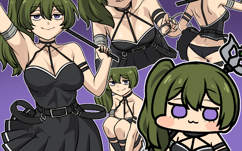 1girl :3 arm_strap arm_up armlet armpit_crease armpits ass bare_shoulders belt black_belt black_choker black_dress black_panties black_straps blush_stickers breasts breasts_squeezed_together chibi choker collarbone dimples_of_venus dot_nose dress glasses green_hair grey_outline jazz_jack large_breasts looking_at_viewer multiple_views o-ring o-ring_choker one_side_up outline panties pantyshot pleated_dress purple_background purple_eyes shoulder_blades side_ponytail slav_squatting smile solid_eyes sousou_no_frieren squatting suspenders suspenders_hanging ubel_(sousou_no_frieren) underwear upskirt