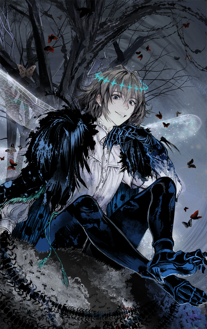 1boy ant arthropod_boy arthropod_limbs black_butterfly black_fur blonde_hair blue_cloak boba bug butterfly butterfly_wings cape cloak crossed_ankles diamond_hairband dragonfly_wings fate/grand_order fate_(series) fur-trimmed_cape fur-trimmed_cloak fur_trim grey_skirt grin highres insect_wings looking_at_viewer male_focus moth night oberon_(fate) oberon_(third_ascension)_(fate) on_grass red_butterfly shirt sitting skirt smile solo tail tree white_shirt wing_cape wings