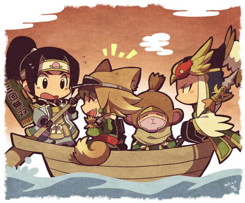 4boys animal_ears black_hair blush_stickers boat brown_hair chibi chibi_only chinese_clothes cloud dated dog_ears dog_tail fang headband helmet holding holding_paddle kemonomimi_mode kotorai ma_chao ma_dai male_focus mask monkey multiple_boys no_nose open_mouth paddle pang_tong ponytail rowing shin_sangoku_musou short_hair signature sitting tail topknot visor_cap watercraft zhao_yun