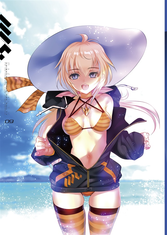 1girl ahoge beach bikini blonde_hair blue_eyes blue_sky breasts choco_(chocolate_shop) cloud copyright_request day hat jacket long_hair looking_at_viewer medium_breasts open_clothes open_jacket open_mouth orange_bikini orange_thighhighs original outdoors ponytail sky smile solo striped_clothes striped_thighhighs sun_hat sunlight swimsuit textless_version thighhighs water