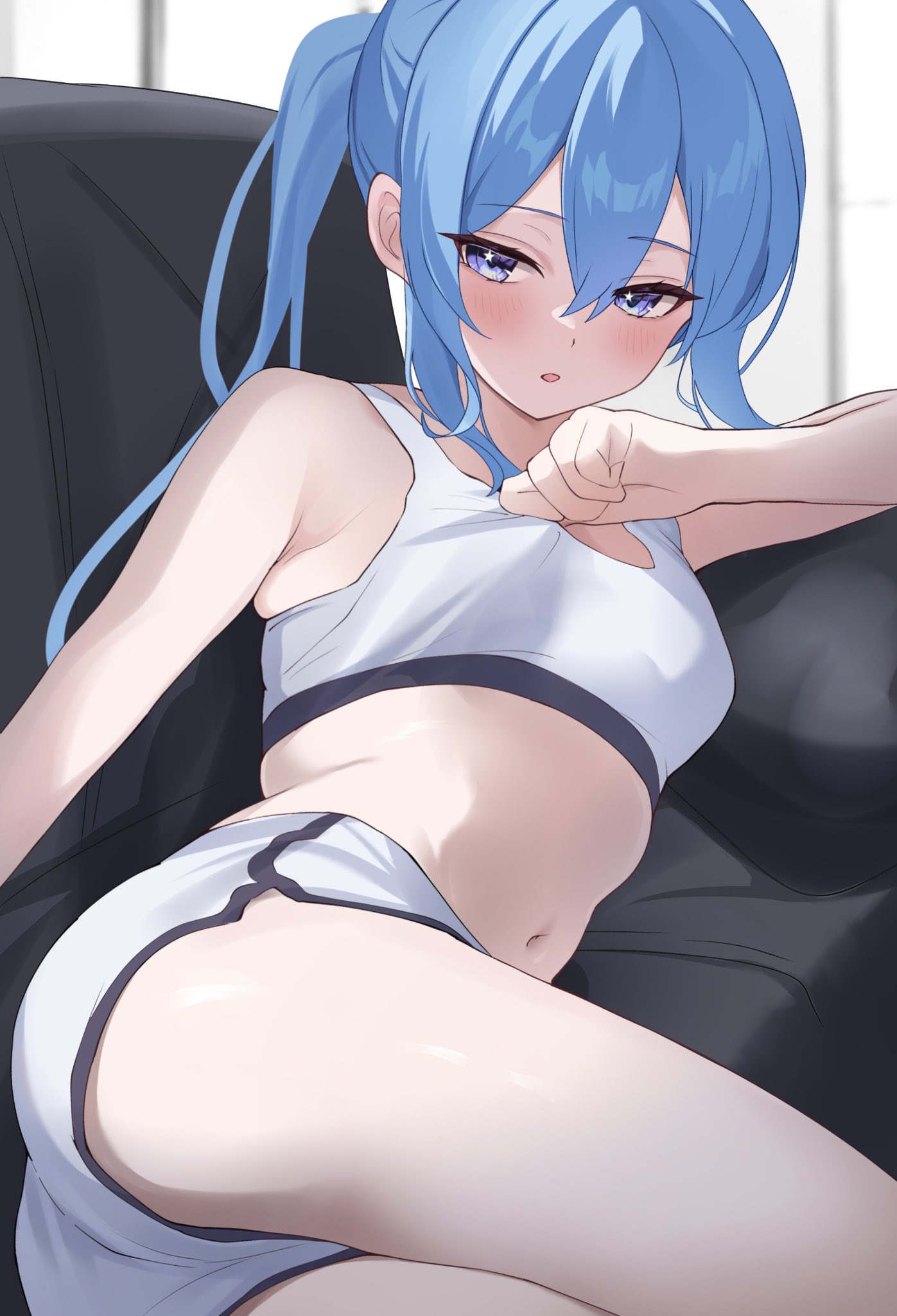 1girl :o armpit_peek ass blue_eyes blue_hair blush breasts clothes_lift couch cowboy_shot dot_nose fawny from_side gym_shorts hair_between_eyes half_updo highres hololive hoshimachi_suisei indoors legs_together long_hair looking_at_viewer lying navel on_couch on_side open_mouth ponytail short_shorts shorts sidelocks small_breasts solo sports_bra sports_bra_lift stomach thighs virtual_youtuber white_shorts white_sports_bra