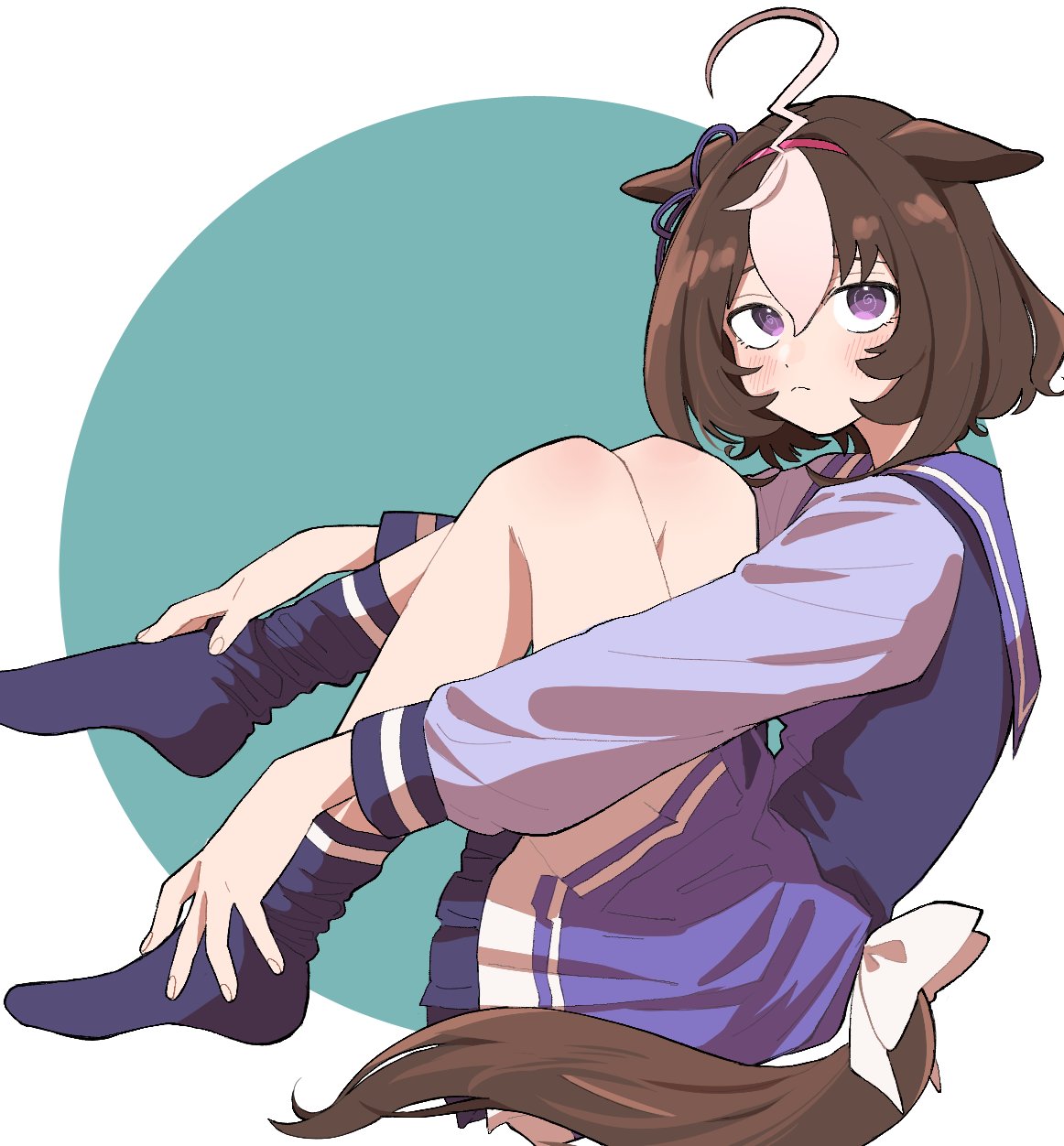 1girl 39kyukochan @_@ ahoge animal_ears blush brown_hair closed_mouth ears_down frown full_body hair_between_eyes hairband highres horse_ears horse_girl horse_tail knees_up long_sleeves looking_at_viewer looking_to_the_side meisho_doto_(umamusume) multicolored_hair no_shoes purple_eyes purple_shirt purple_skirt purple_thighhighs sailor_collar school_uniform shirt short_hair sitting skirt solo tail tail_through_clothes thighhighs tracen_school_uniform two-tone_hair umamusume