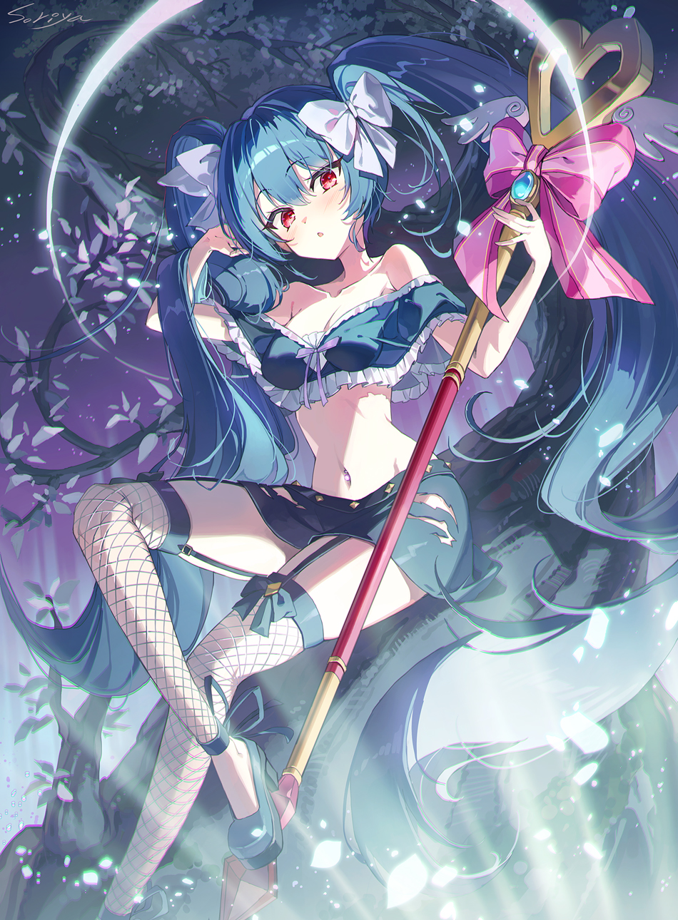 1girl bare_shoulders black_footwear blue_hair blue_shirt bow branch breasts crop_top crop_top_overhang crossed_legs fishnet_thighhighs fishnets frilled_shirt frills garter_straps green_skirt hair_bow hands_up highres holding holding_staff knee_up long_hair looking_at_viewer medium_breasts midriff miniskirt navel off-shoulder_shirt off_shoulder original parted_lips platform_footwear red_eyes shirt shoes sitting skirt solo soriya staff stomach thighhighs thighs torn_clothes torn_skirt twintails very_long_hair zettai_ryouiki