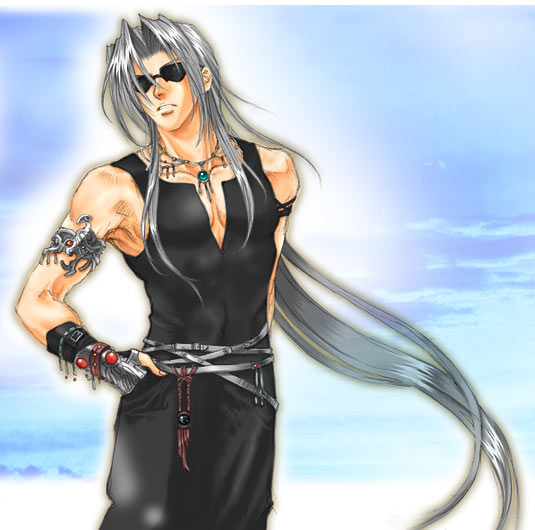 1boy alternate_costume arm_behind_back armlet artist_request belt black_gemstone black_gloves black_pants black_shirt black_tank_top blue_sky cloud cloudy_sky day final_fantasy final_fantasy_vii fingerless_gloves gem gloves green_gemstone grey_hair jewelry long_bangs long_hair looking_to_the_side male_focus mixed_media multiple_belts necklace outdoors outer_glow pants parted_bangs parted_lips pendant red_gemstone sephiroth shirt sky sleeveless solo source_request standing sunglasses tank_top upper_body v-neck very_long_hair