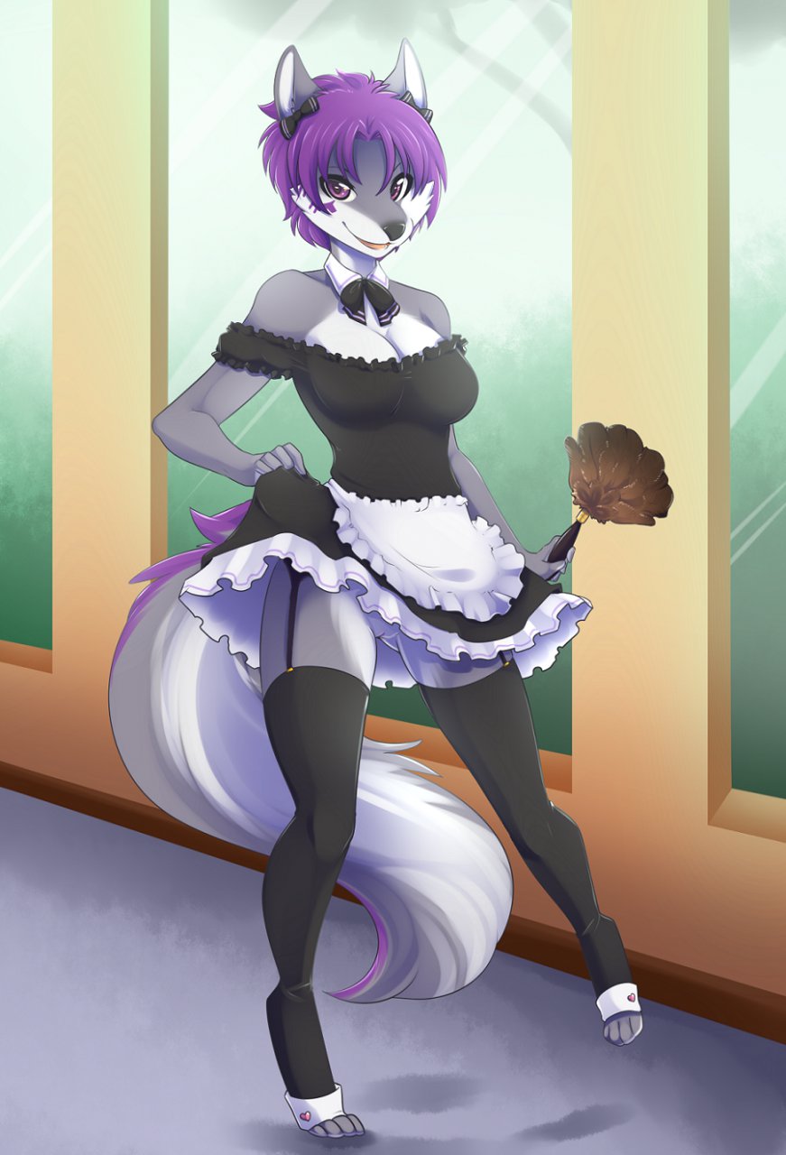breasts canine clothed clothing female flashing french_maid hair jess_(teckly) legwear looking_at_viewer maid maid_uniform mammal purple_eyes purple_hair pussy skimpy smile solo spazzykoneko standing stockings wolf