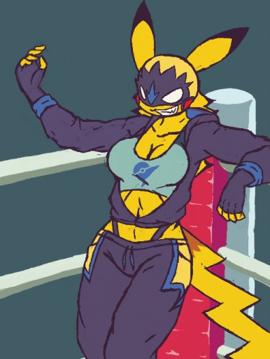 anthro bra clothing cocky cosplay_pikachu_(costume) cropped_hoodie female fighting_ring generation_1_pokemon grin heel hoodie i-am-that-japanesse mask nintendo pikachu pikachu_libre pokemon pokemon_(species) smile solo sports_bra sweatpants thong_straps topwear underwear