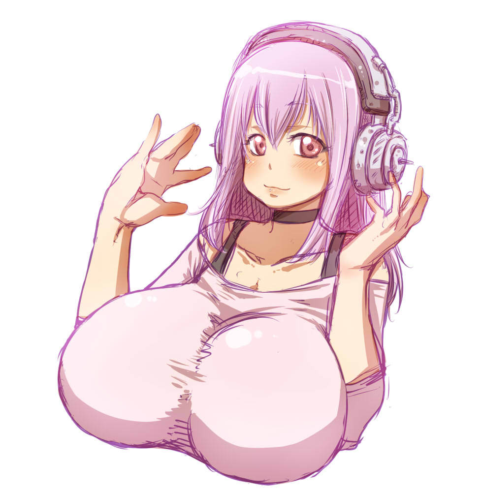 1girl blush breasts headphones huge_breasts impossible_clothes impossible_shirt nitroplus pink_eyes pink_hair shirt super_sonico warumono_tomii