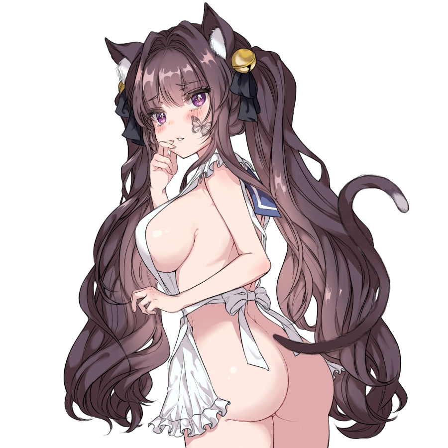 1girl animal_ear_fluff animal_ears apron artist_request ass bare_arms bell black_ribbon blush breasts brown_hair brown_tail butterfly_tattoo cat_ears cat_girl cat_tail commission cowboy_shot facial_tattoo frilled_apron frills from_side hair_bell hair_ornament hair_ribbon hand_on_own_cheek hand_on_own_face jingle_bell korean_commentary large_breasts long_hair looking_at_viewer naked_apron original parted_lips purple_eyes ribbon second-party_source sideboob simple_background solo sul-lin-a tail tattoo teeth very_long_hair white_apron white_background yellow_pupils