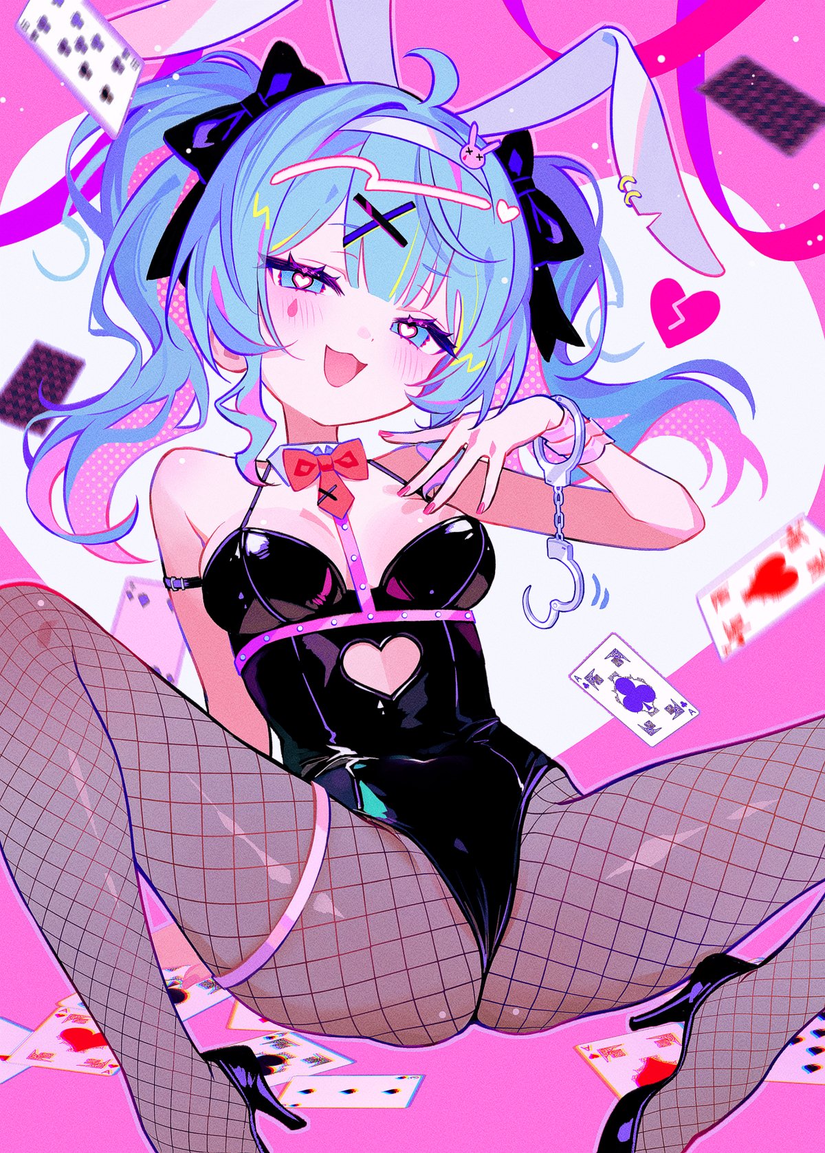 1girl ace_(playing_card) ace_of_hearts animal_ears bare_arms bare_shoulders black_leotard blue_eyes blue_hair blush bow bowtie breasts broken_heart card cleavage clothing_cutout covered_navel cuffs cutout_above_navel detached_collar fake_animal_ears fishnet_pantyhose fishnets fymrie hair_ornament handcuffs hatsune_miku heart heart-shaped_pupils heart_cutout high_heels highres leotard long_hair looking_at_viewer medium_breasts multicolored_hair necktie pantyhose pink_background pink_hair pink_theme playing_card rabbit_ears rabbit_hair_ornament rabbit_hole_(vocaloid) red_bow red_bowtie red_necktie smug solo spade_(shape) spaghetti_strap spread_legs symbol-shaped_pupils teardrop_facial_mark twintails two-tone_hair x_hair_ornament