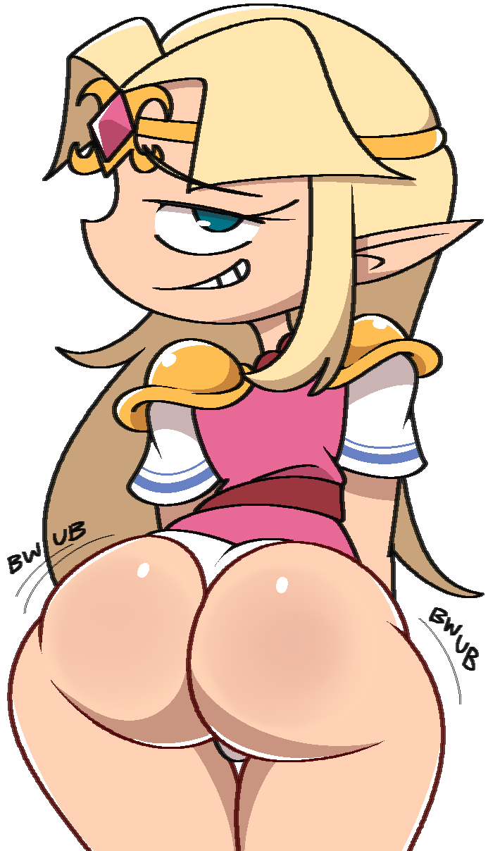 blonde_hair butt clothing elf female hair hi_res humanoid humanoid_pointy_ears hylian light_body light_skin long_hair looking_at_viewer looking_back looking_back_at_viewer nintendo not_furry panties princess_zelda simple_background smug solo sound_effects the_legend_of_zelda underwear vilepluff