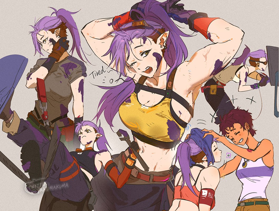 2girls amity_blight biceps blush breasts brown_hair cleavage couple crop_top eyebrow_cut gloves kuma20151225 luz_noceda messy multiple_girls muscular muscular_female pointy_ears ponytail purple_hair smile tank_top the_owl_house wiping_face yuri