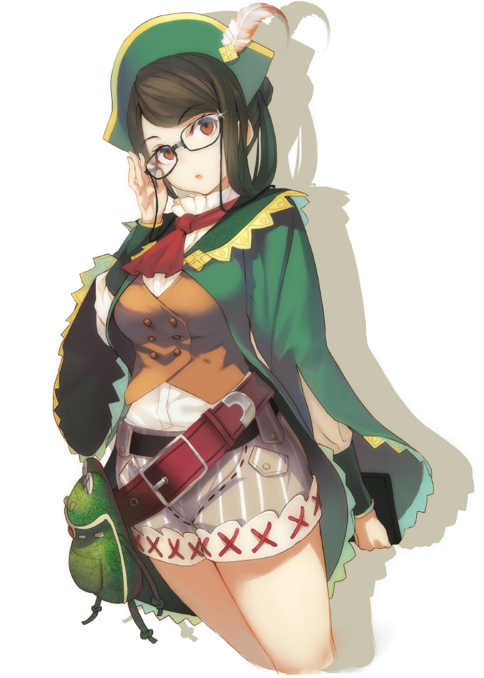 :o adjusting_eyewear ascot belt book breasts brown_eyes brown_hair cloak cropped_legs feathers glasses guildmarm_(monster_hunter) hat loose_belt medium_breasts monster_hunter monster_hunter_4 shadow shirabi shorts solo waistcoat